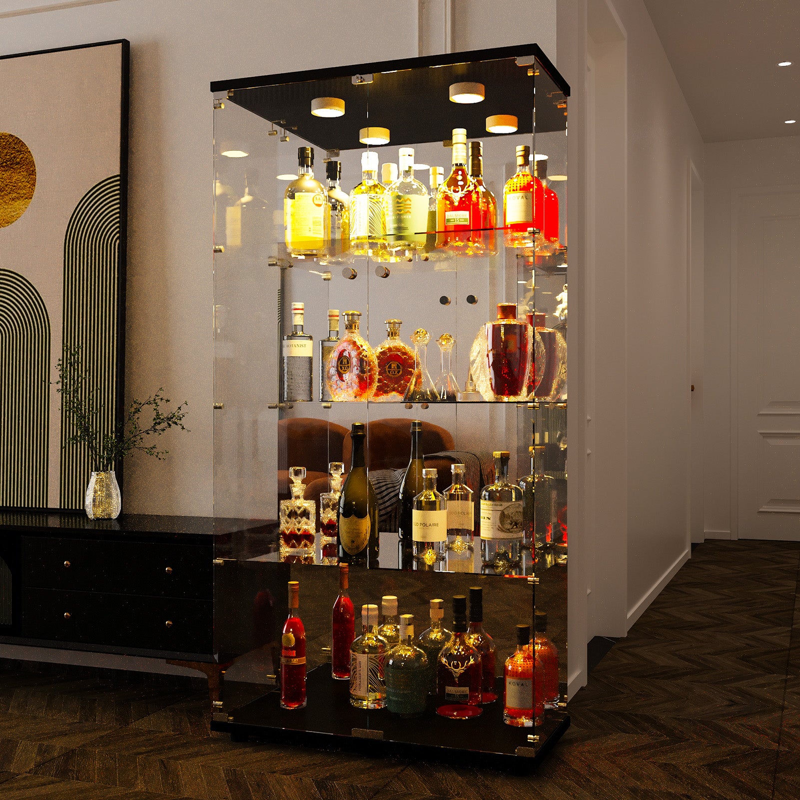 Vitrine en verre trempé 4 étagères,Armoire de Collection Moderne en Verre, Éclairage d'ambiance réglable,Serrure de sécurité,noir,80.5x36.5x164 cm - 6