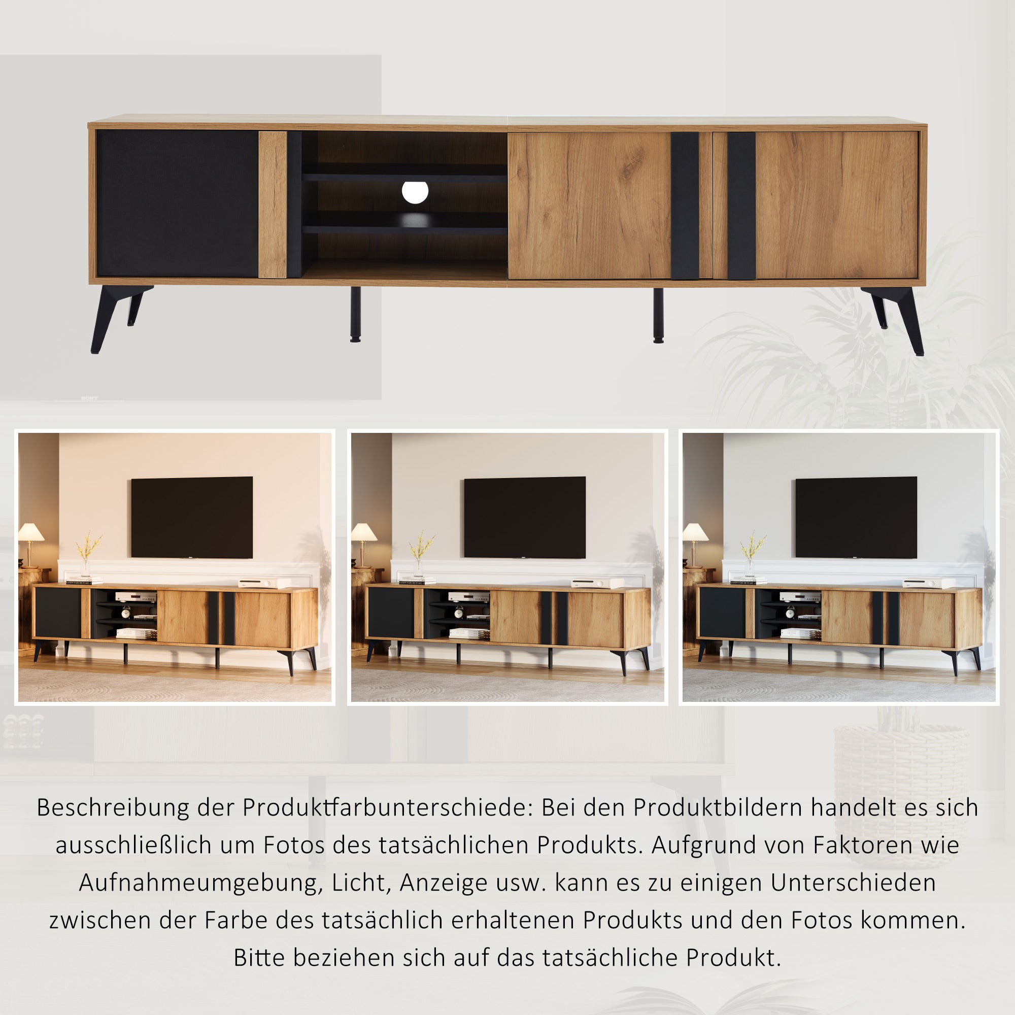 Meuble TV avec 3 portes et 3 niches ouvertes - 180 x 40 x 50 cm - Panneau de particules - Marron et noir - 4