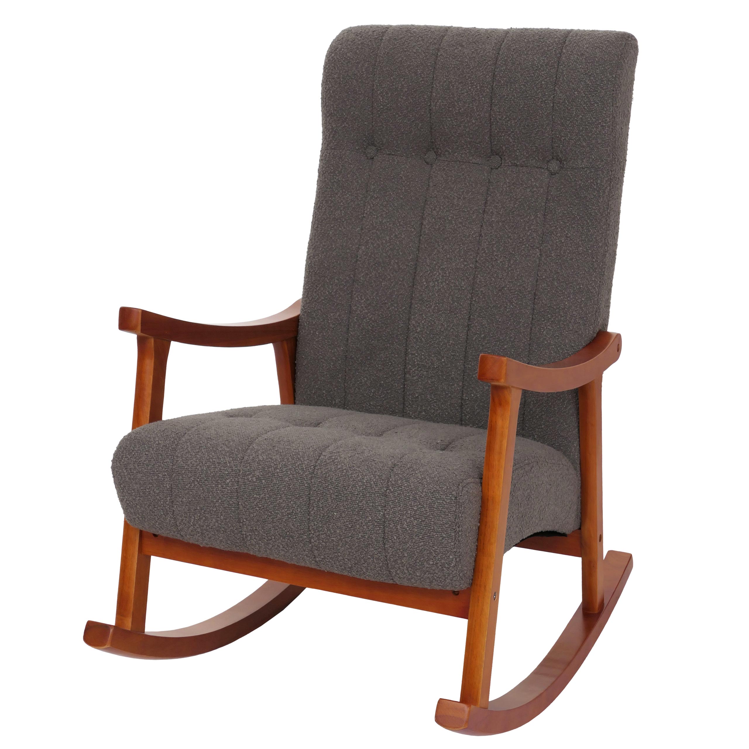 Fotel bujany HWC-K10, fotel relaksacyjny, drewno MVG, tkanina bouclé (450 g/m²) ~ ciemnoszary, stelaż w kolorze orzecha włoskiego
