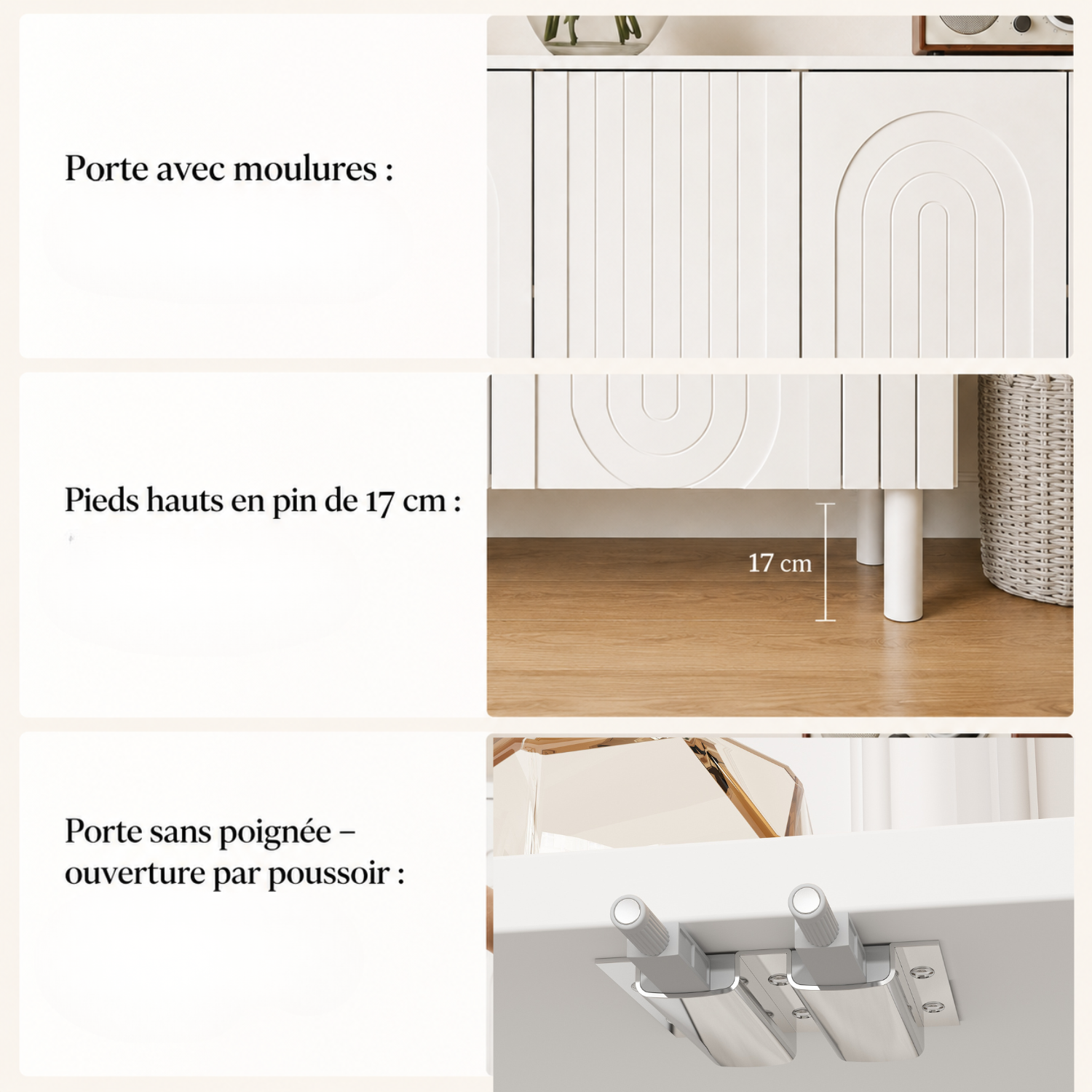 Buffet Bas avec 4 Portes et Pieds Hauts pour Salle à Manger, Meuble de Salon avec Façade Sculptée,160x40x80, Blanc - 4