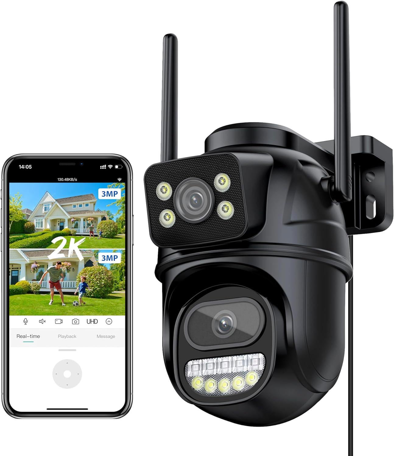 Zewnętrzna kamera WiFi do monitoringu 2K, zewnętrzna kamera IP 6MP PTZ z podwójnym obiektywem, kolorowy tryb nocny, przechowywanie SD/w chmurze