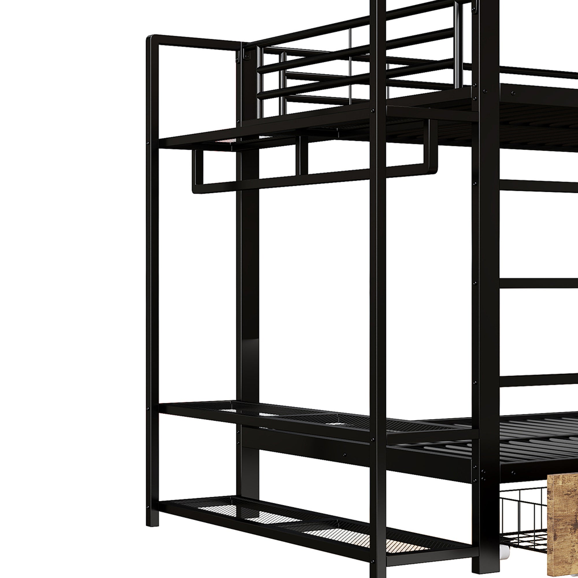 Lit Mezzanine 140x200 cm Étagère avec LED, Cadre de lit Noir avec Tablettes et Porte-Vêtements Métallique, Lit superposé avec 2 Tiroirs, sans Matelas - 8