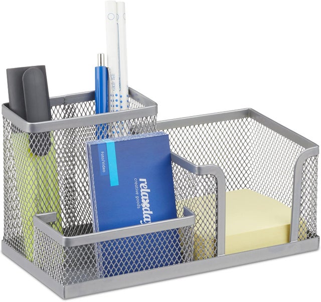Organiseur de Bureau stylos Porte-Cartes de Visite Bloc-Note Maille métal HxlxP: 10x18,5x9,5cm, Argent, Silber
