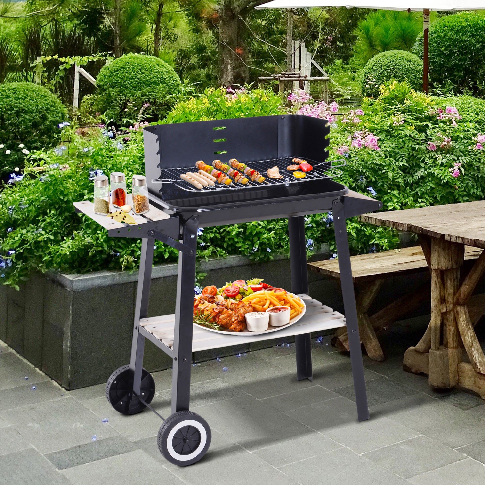 Outsunny Barbacoa De 83X45x87 Cm Metal Madera Carbón/Negro , Leroy Merlin