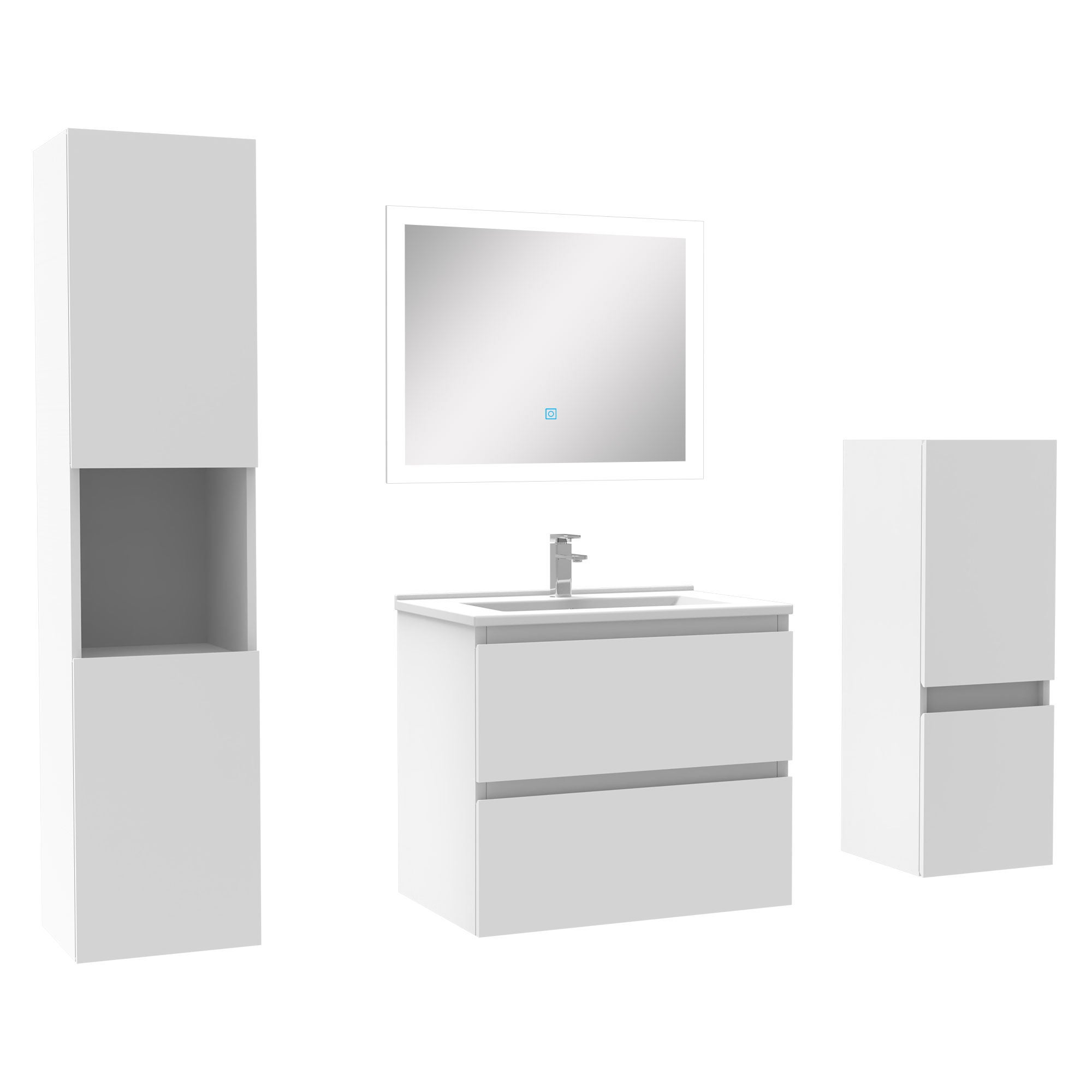 Ensemble Salle De Bain 4 Pièces Avec Miroir Lumineux - Meuble 60 Cm, Colonne, Vasque Blanc