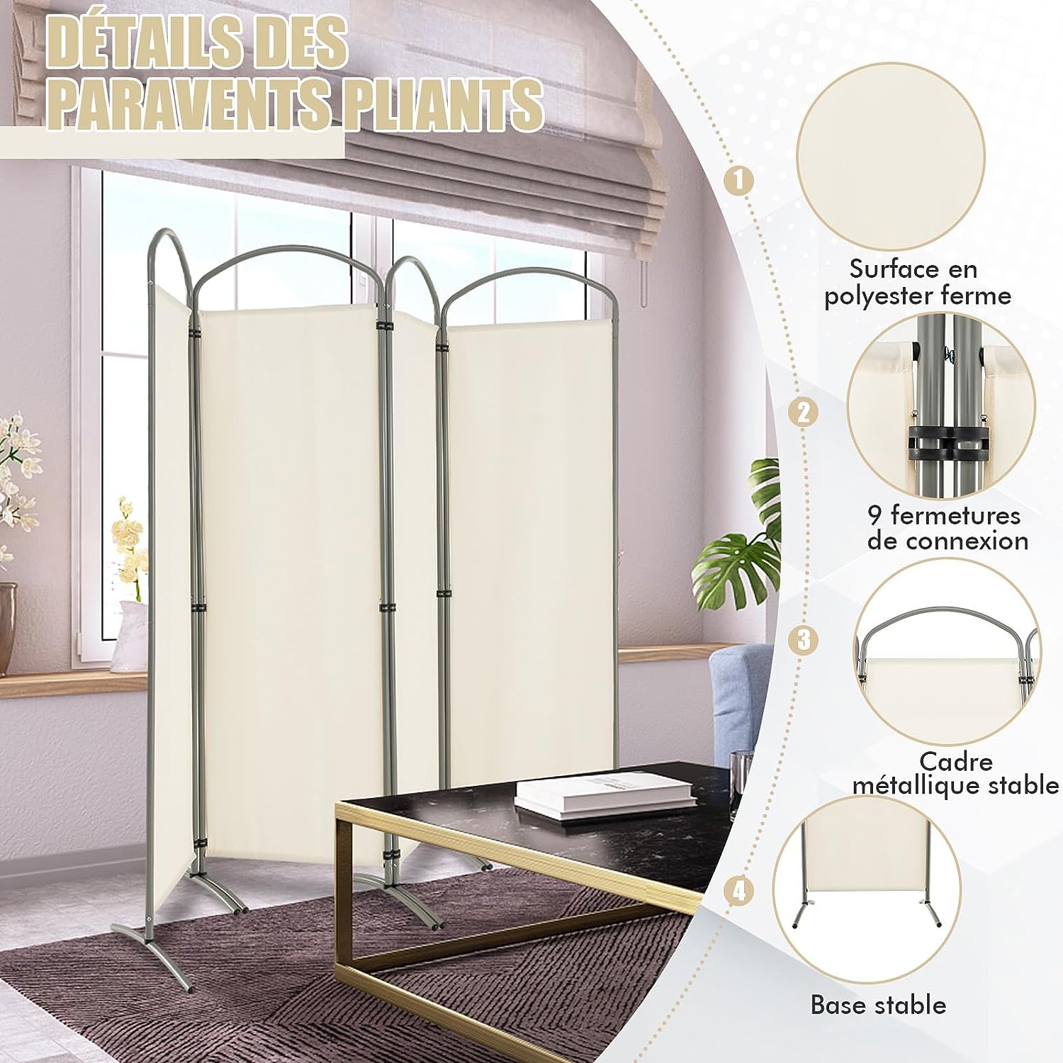 Duży parawan składany z 4 panelami, składana przegroda o wysokości 188 cm, biały - 3