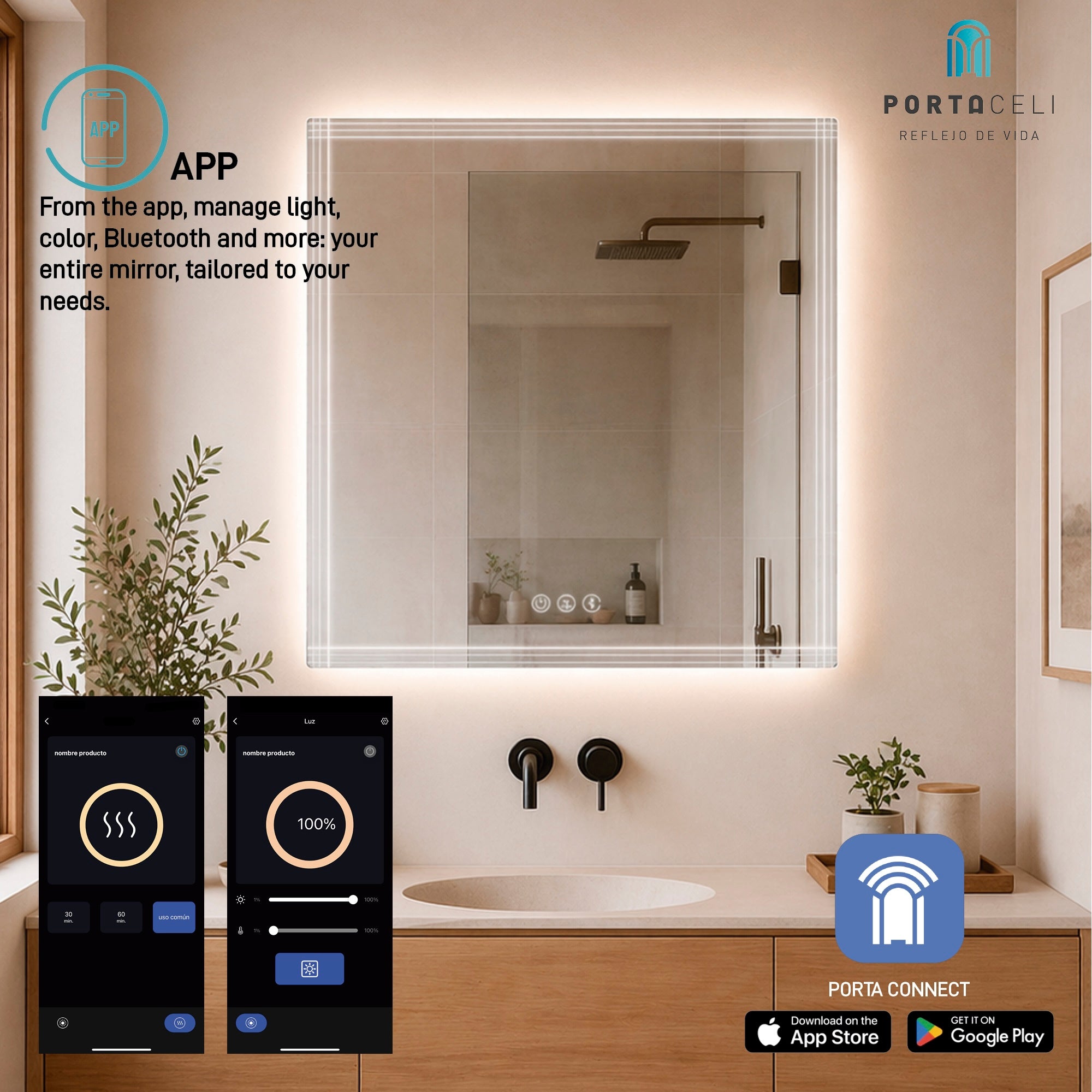 Miroir de salle de bain Line Connect 80 x 80, APP, Anti-buée et Bluetooth - 5
