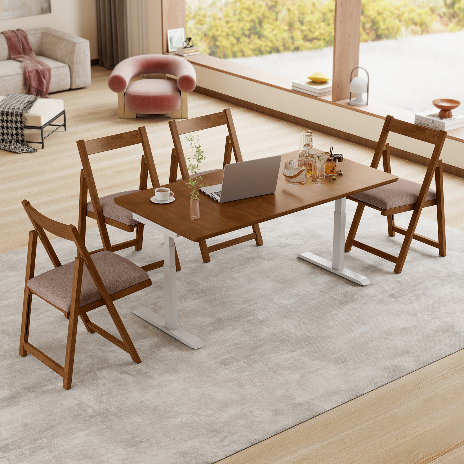 Lot de 2 Chaise Pliante avec Dossier Courbé, Chaises de Salle à Manger Rembourrées, Structure en Bois de Caoutchouc, pour Salon, Charge 150 kg, Café - 2