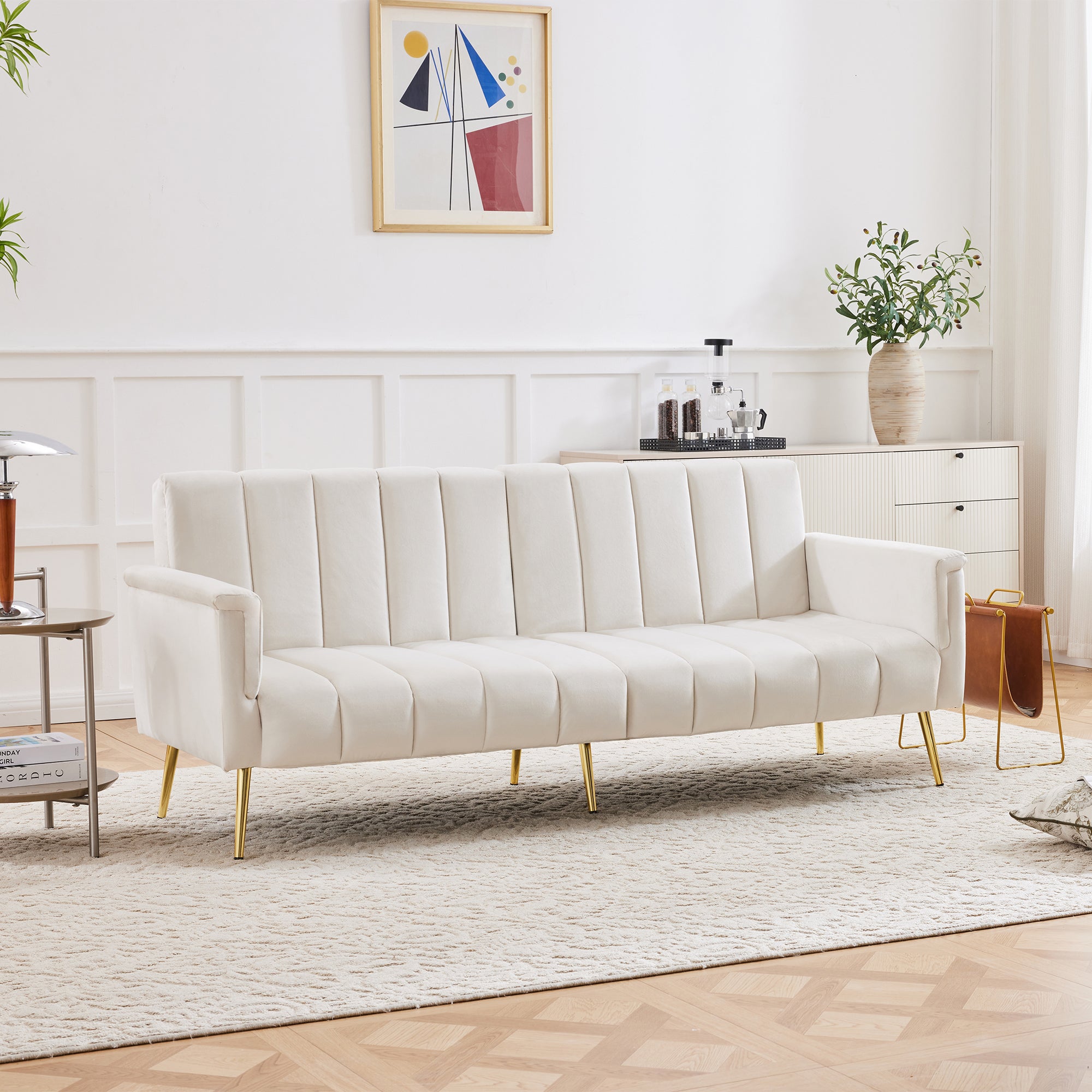 Canapé convertible 2 places avec pieds auxiliaires et fonction couchage, 183x76x75 cm, tissu velours, beige - 2