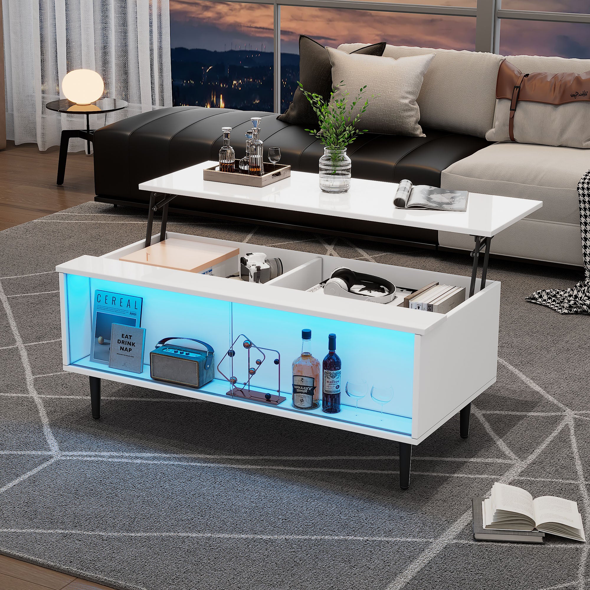 Stolik kawowy z podnoszonym blatem i 2 przesuwanymi szklanymi drzwiami - 105 x 50 x 43 cm - Diody LED - Płyta wiórowa - Biały