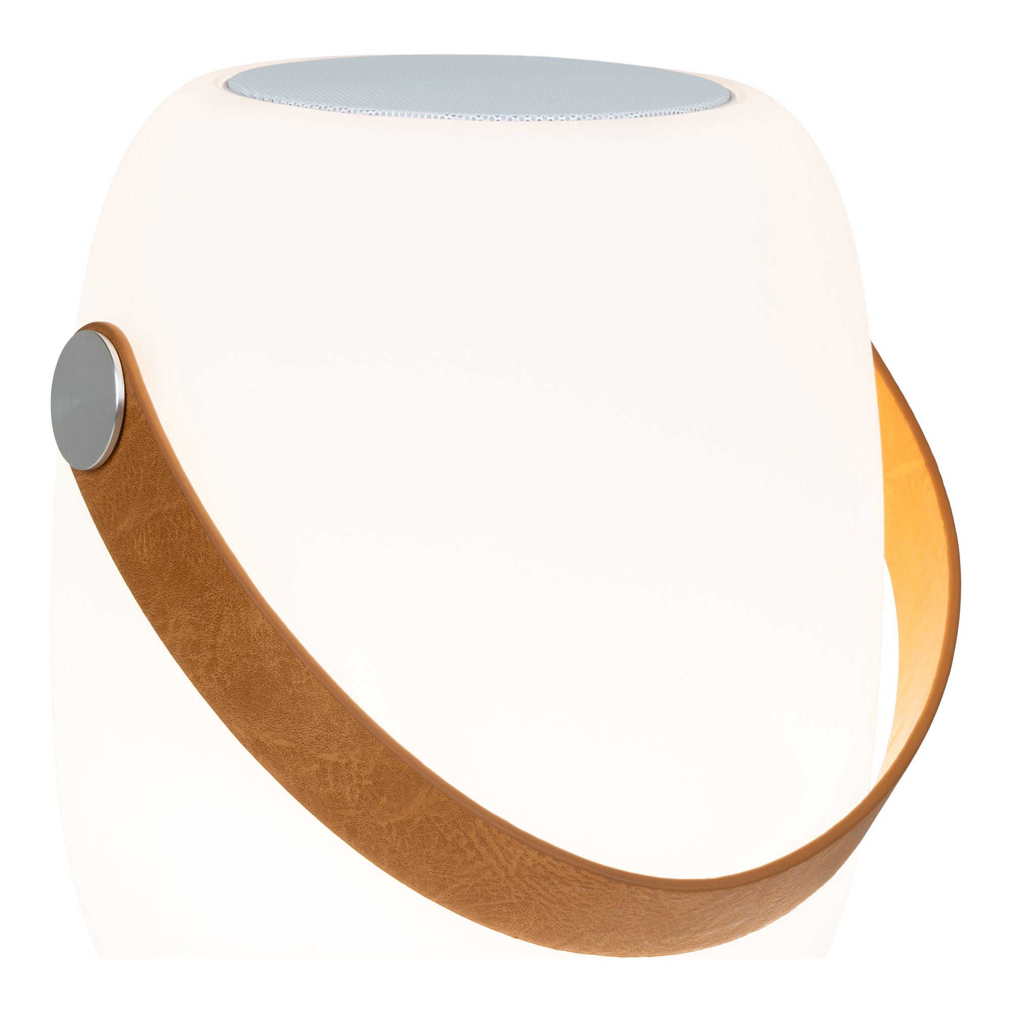 Cardiff Lampa zewnętrzna LED z paskiem skórzanym, głośnik Bluetooth, ładowalna biała.