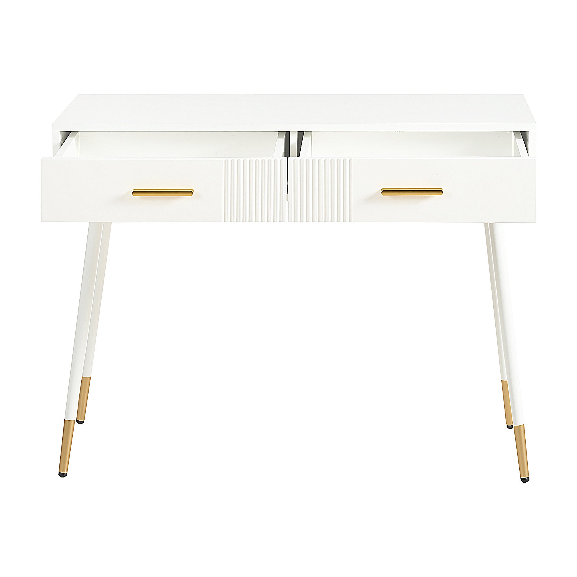 Table de Maquillage Blanc H. 76 x l. 40 x P. 100 cm, Coiffeuse Blanche avec 2 Tiroirs et Pieds Métal Dorés, Coiffeuse Moderne, pour chambre ou salon - 8