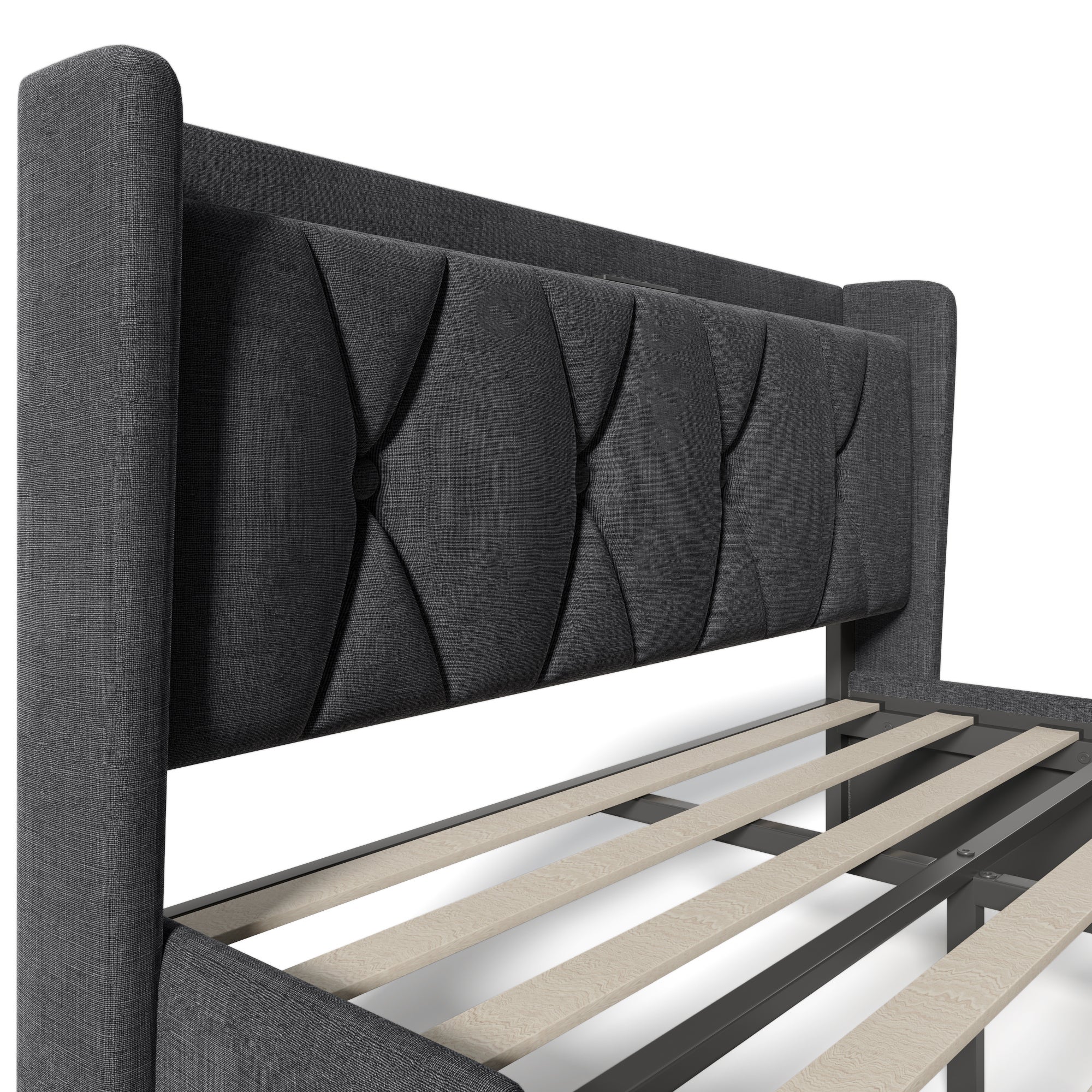 Cama tapizada 160 x 200 cm con cabecero y 4 cajones - USB - tela de lino - gris - 6