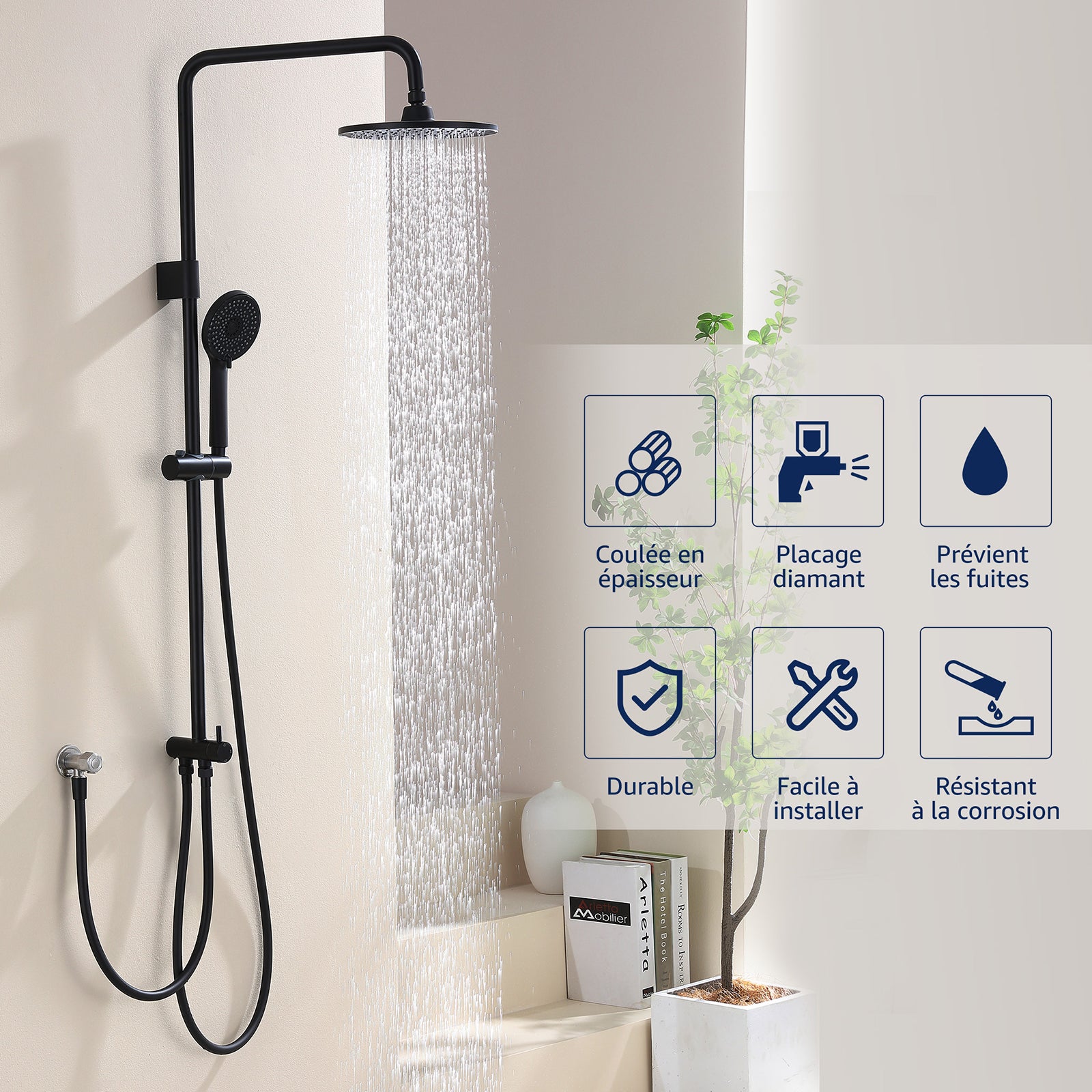 Columna de ducha sin mezclador negra de pared con hidromasaje rociador superior ducha de mano conjunto de ducha
