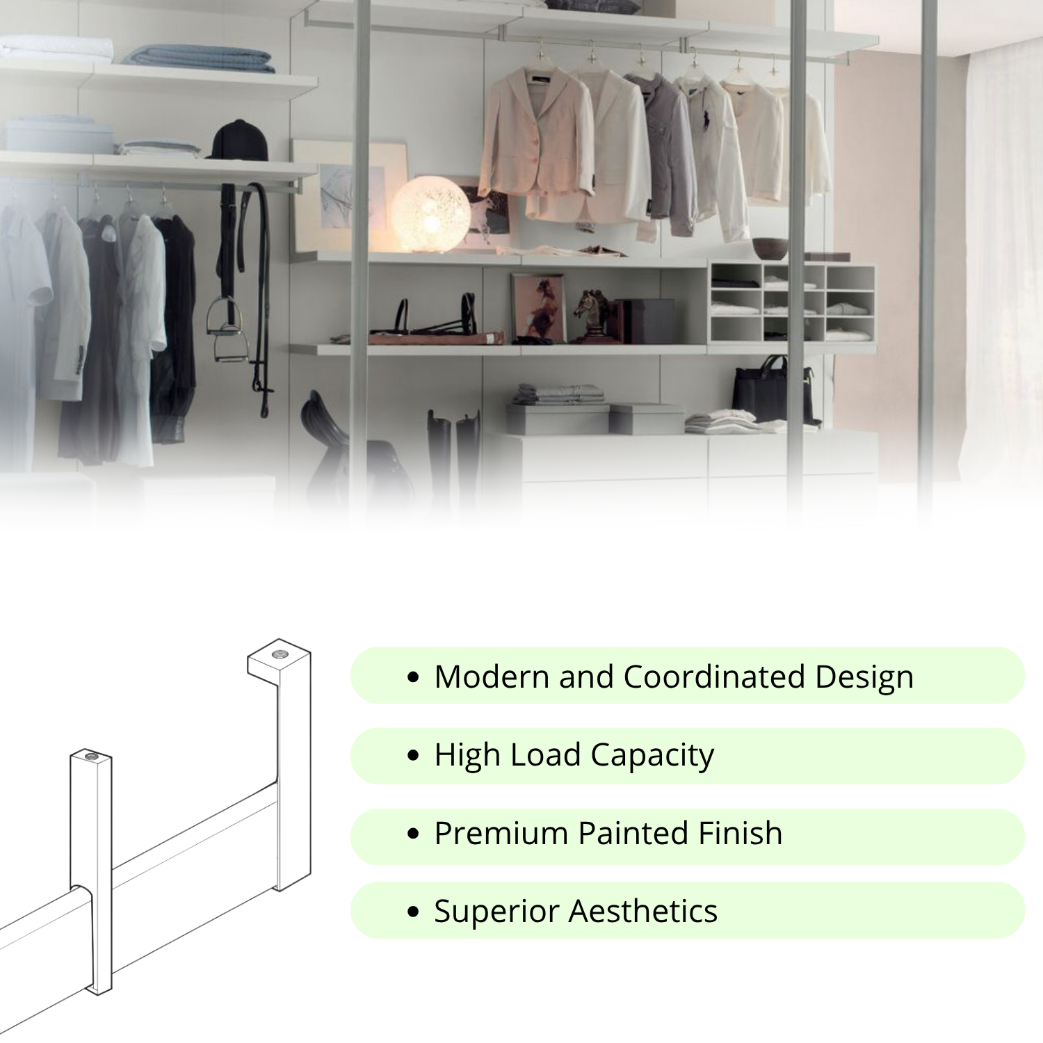 Tubo Appendiabiti Bianco per Armadio Rettangolare 1950mm con Reggitubi, Design Moderno ed Elegante, Alta Resistenza di Carico - 4