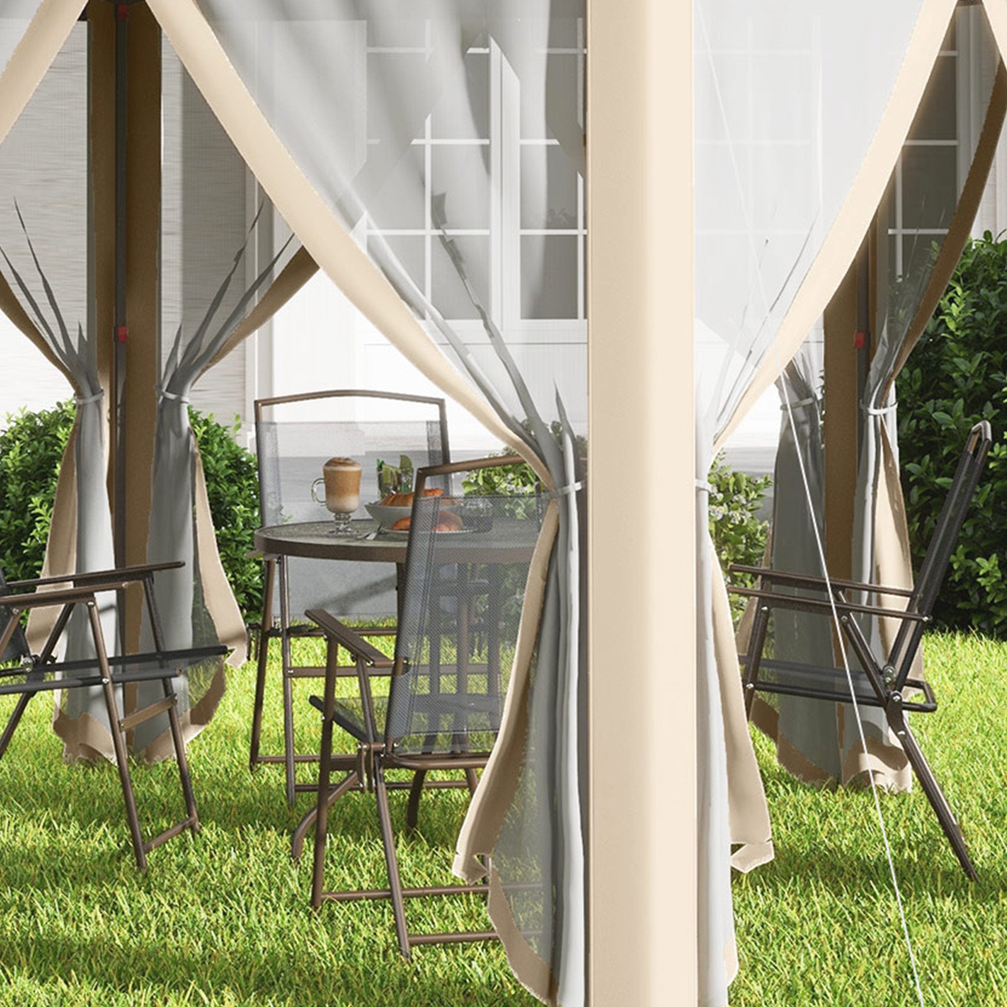 Pavillon Hexagonal 4x4m Imperméable UV - Double Toit, Structure Métal, Sac de Transport Beige/Khaki - 8