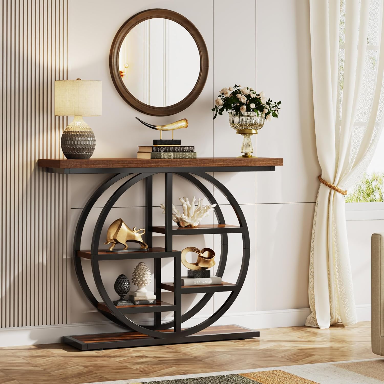 Stół konsolowy Tribesigns, 105 cm, 6-poziomowy stół przemysłowy do przedpokoju z okrągłą podstawą,