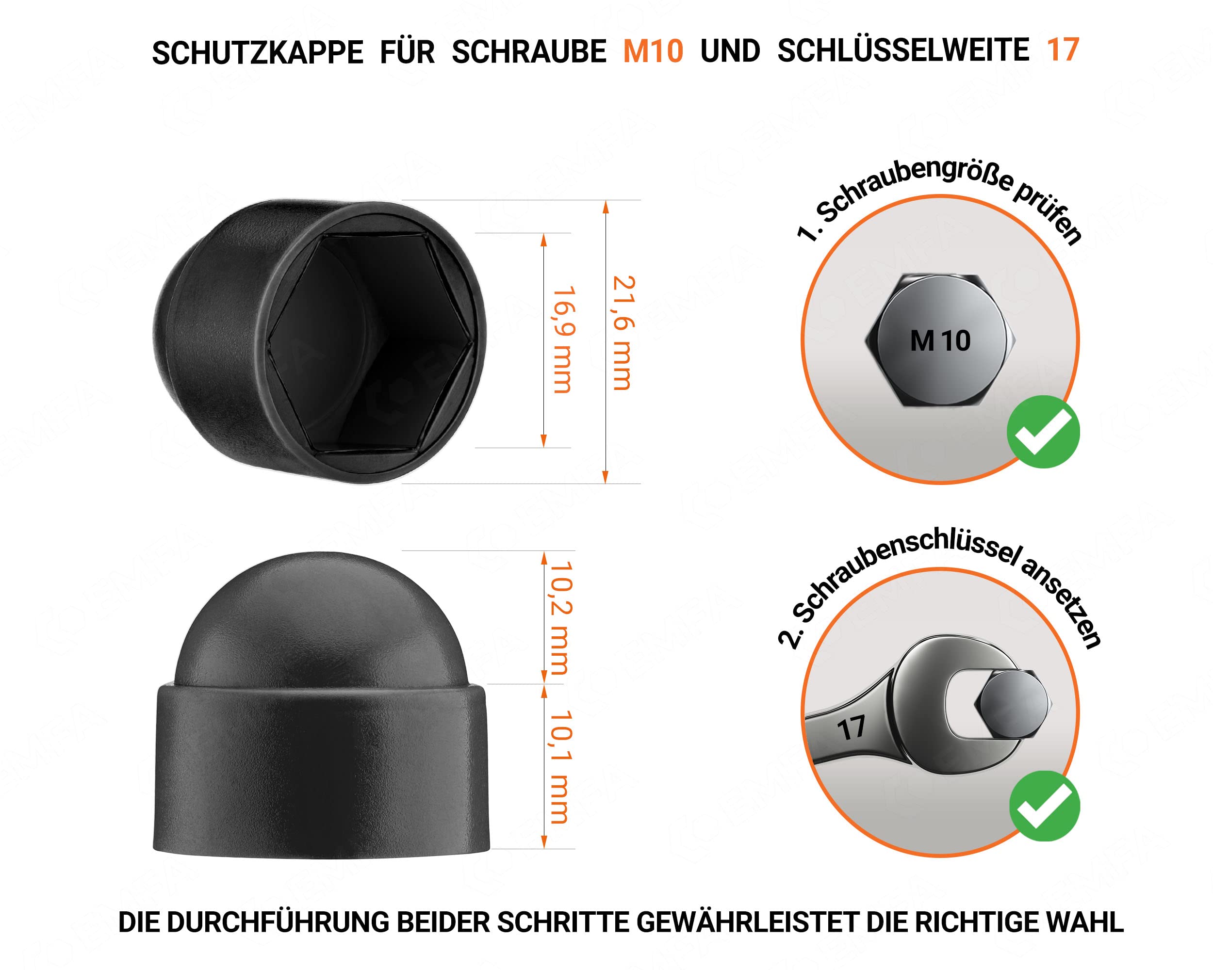 Cache-écrous M10 pour clé de 17, Noir, 50 pièces, Polyéthylène PE ...