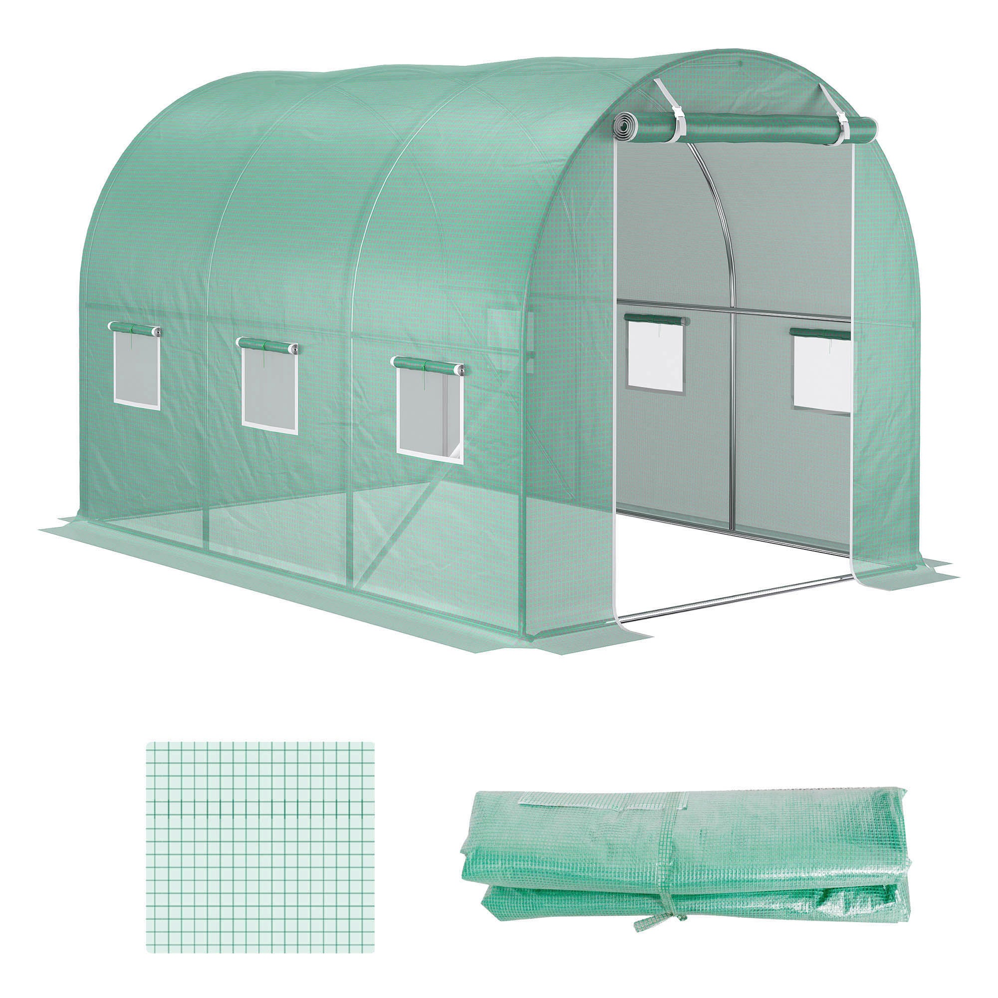 Bâche de Rechange Serre Tunnel 6 m², bâche 3 x 2 x 2 m PE Anti-UV imperméable 6 fenêtres + Porte Enroulable zippée Vert - 2