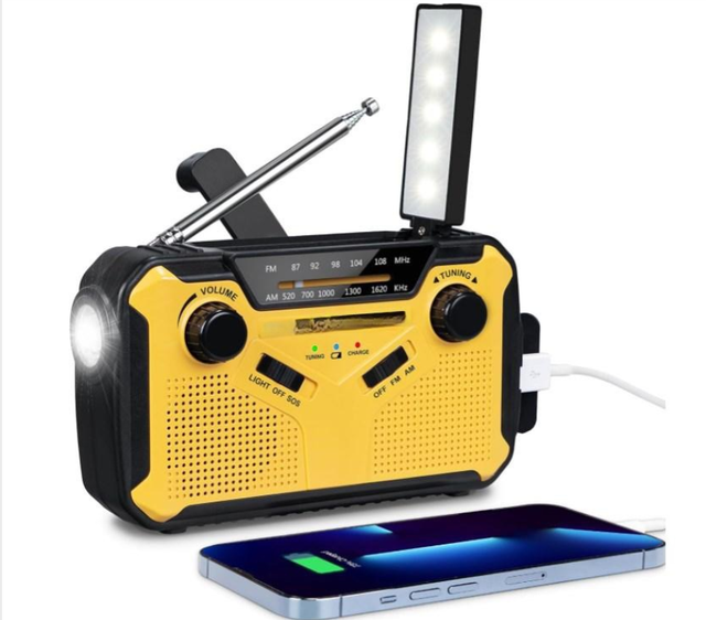 Portable Radio Dynamo Survie, AM/FM Radio à Pile avec 3000mAh Power Bank/SOS Alarm/Lampe Poch/Panneau Solaire, Haut-parleurs, Ourdoor