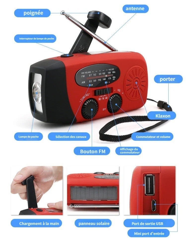 Radio Portatile Solare A Manovella Con Torcia LED, AM/FM/WB, Batteria 4000mAh, Impermeabile IPX3, Allarme SOS Per Campeggio Ed Emergenze