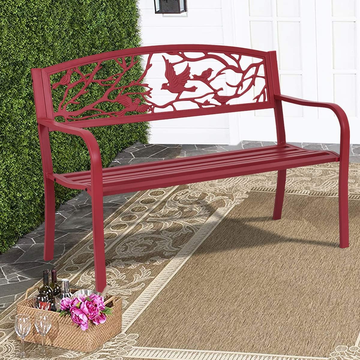 Banc de Jardin en Métal, Dossier Ergonomique avec Motif a l’Oiseau en Fer Forge, 2-3 Places, avec Accoudoirs et Dossier Ergonomique, 280KG,Rouge - 7