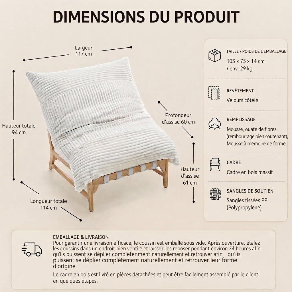 Fauteuil Lounge XXL, Velours Côtelé, Chaise Ergonomique, Fauteuil Salon, 114x117x94cm, Beige - 3