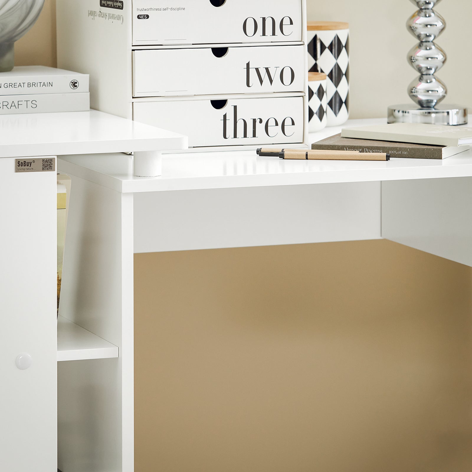 SoBuy FWT35-W Table Bureau Informatique Plan de Travail avec 3 étagères et 1 tiroir - Blanc - 7