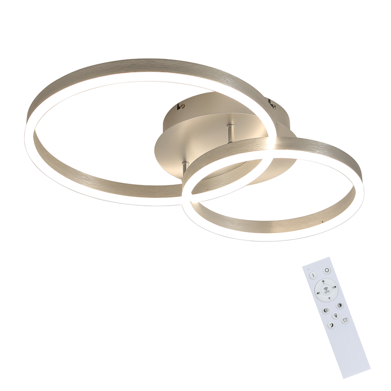 NETTLIFE Nowoczesna, ściemnialna lampa sufitowa LED – 2-pierścieniowa lampa sufitowa z metalu i akrylu z pilotem, srebrna, 59 cm