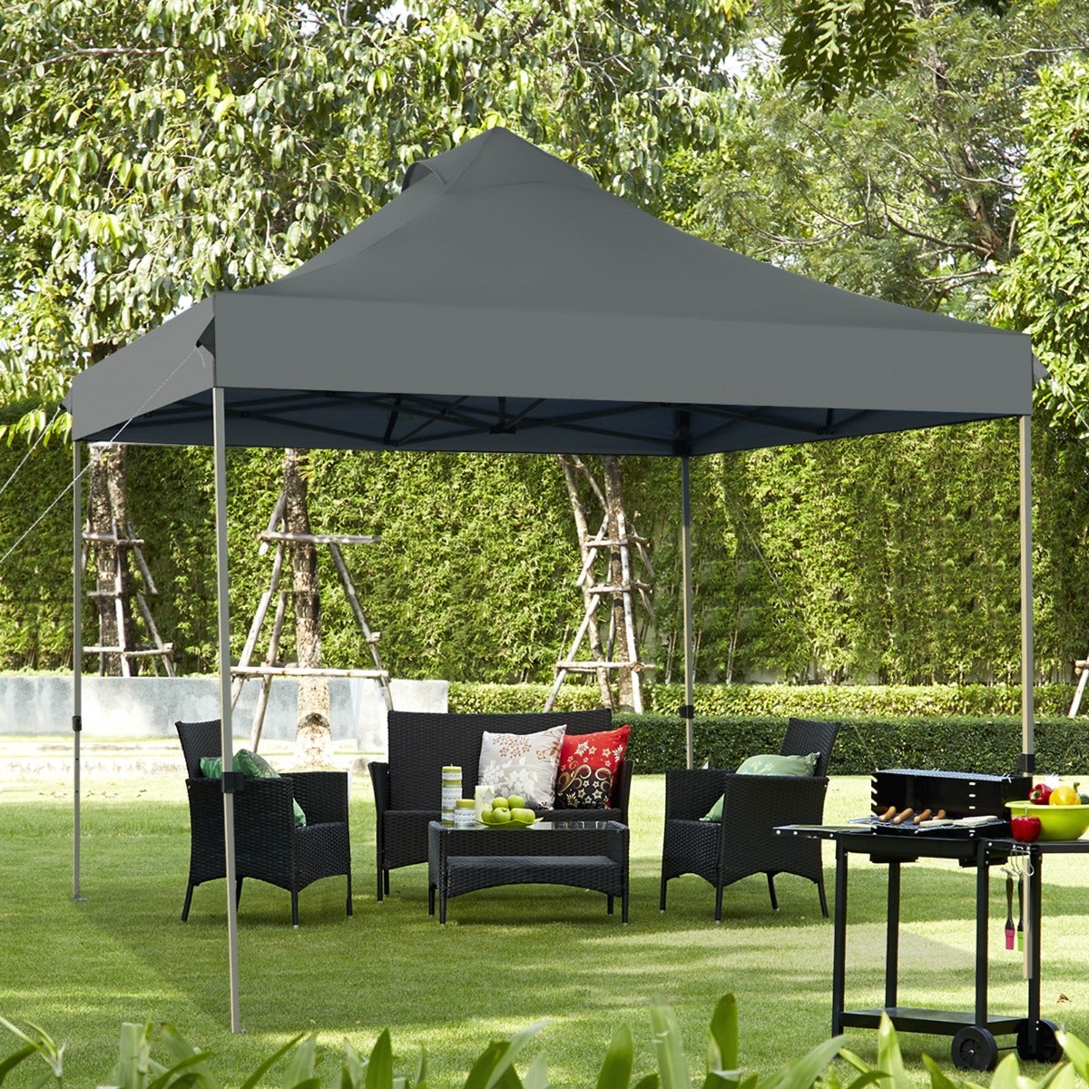 Carpa dosel desplegable 3x3m toldo portátil impermeable con bolsa ruedas 3 alturas ajustables jardín gris