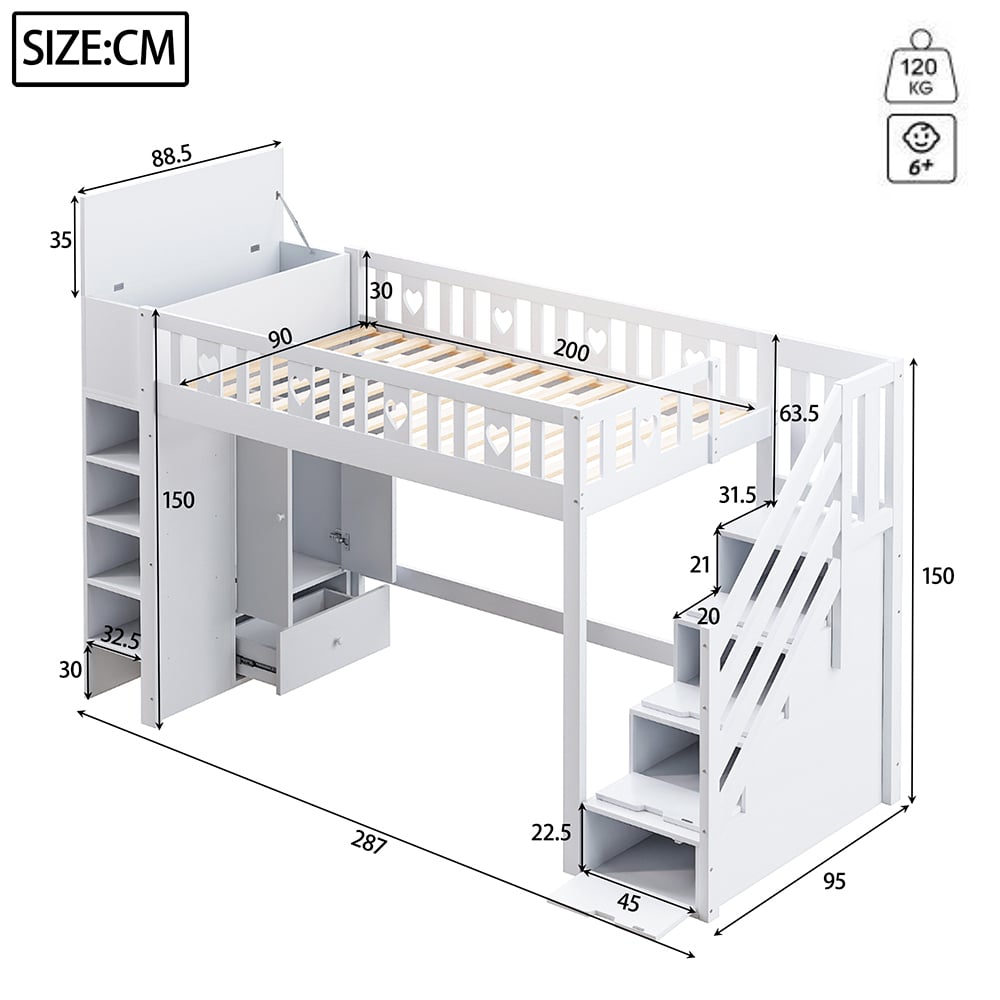 Letto a soppalco, 90*200 cm, scala di contenimento, ripiani, armadietti a cerniera, zona spogliatoio sotto il letto, maniglie d'amore, bianco - 3