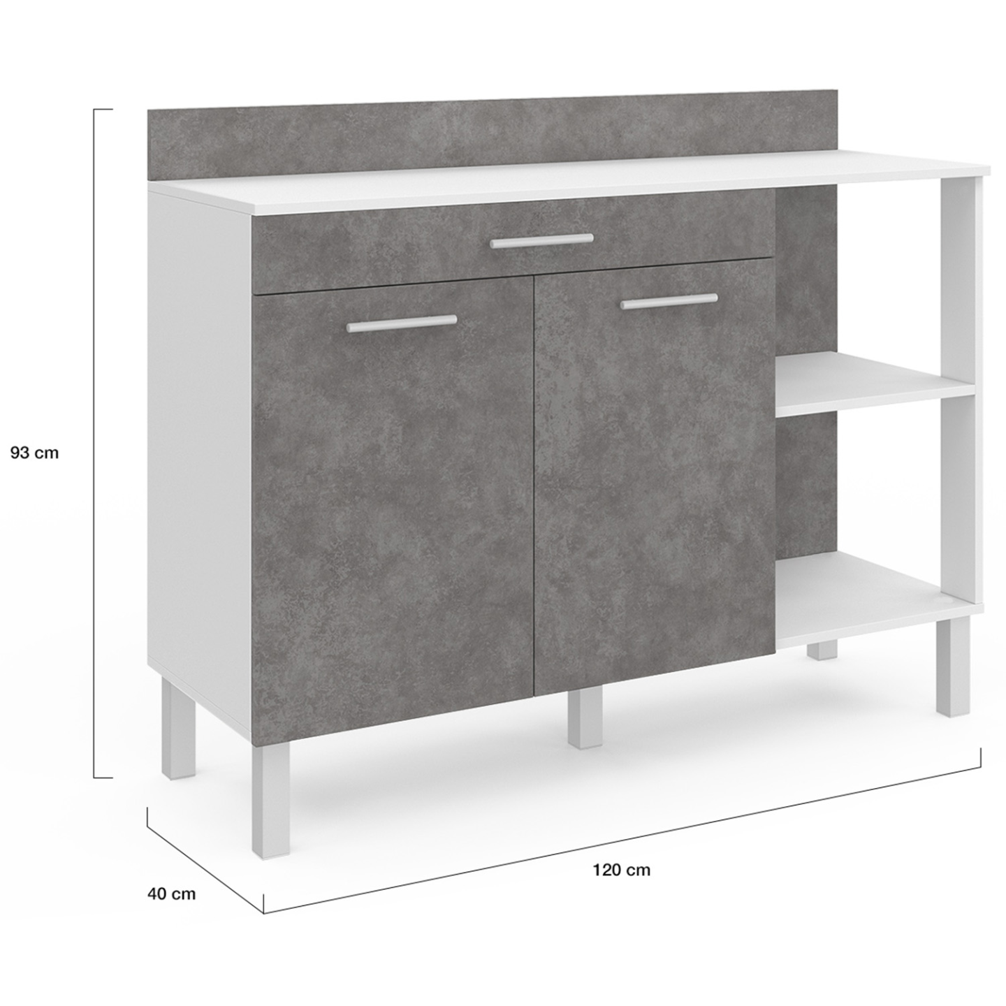 Buffet bas de cuisine 120 cm CINA plan de travail H.83 cm 2 portes + tiroir blanc et effet béton - 5