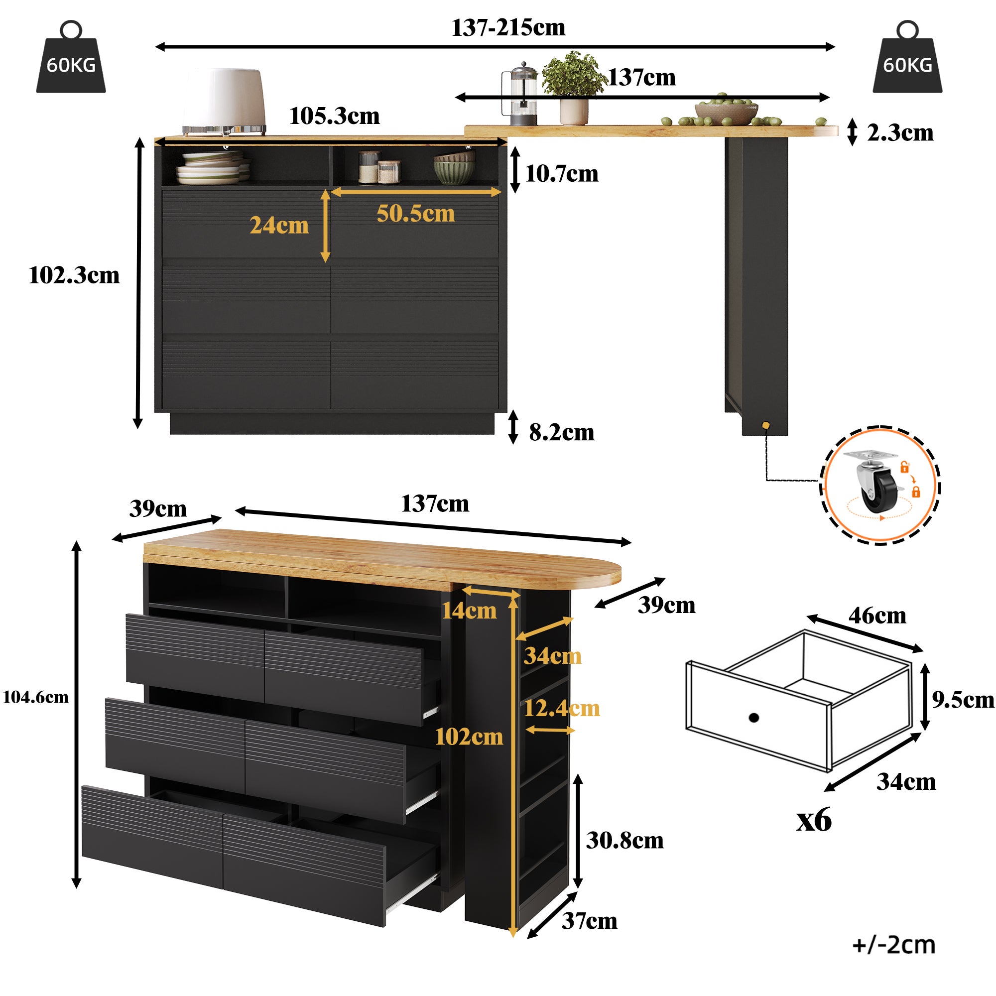 Meuble de bar de cuisine extensible - et rotation à 360° - 215x39x102cm - 6 tiroirs - table bistro - avec étagères latérales - Noir - 8
