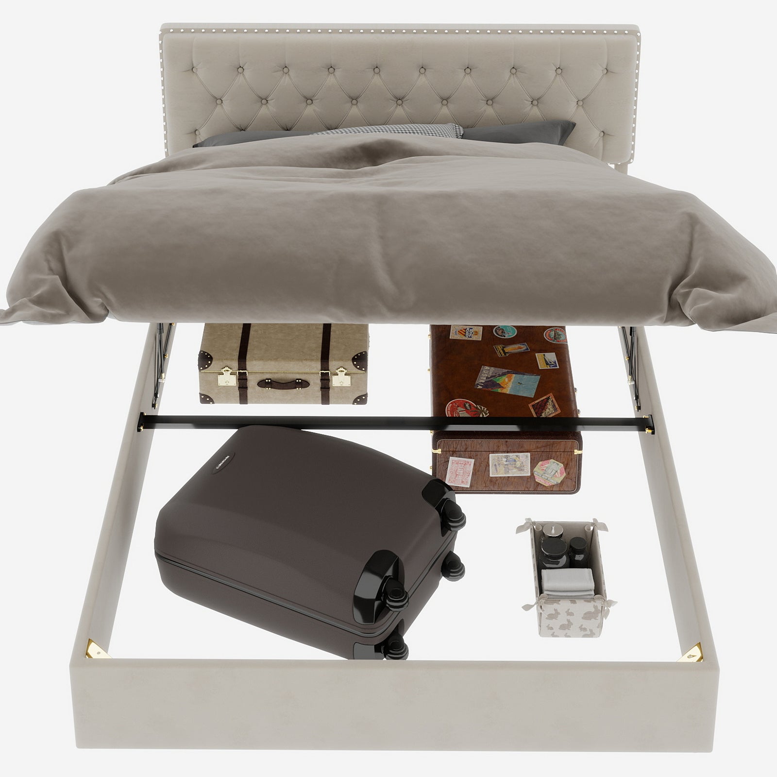 Letto contenitore matrimoniale 140x200 cm, doghe in legno, testiera, velluto beige, senza materasso - 3