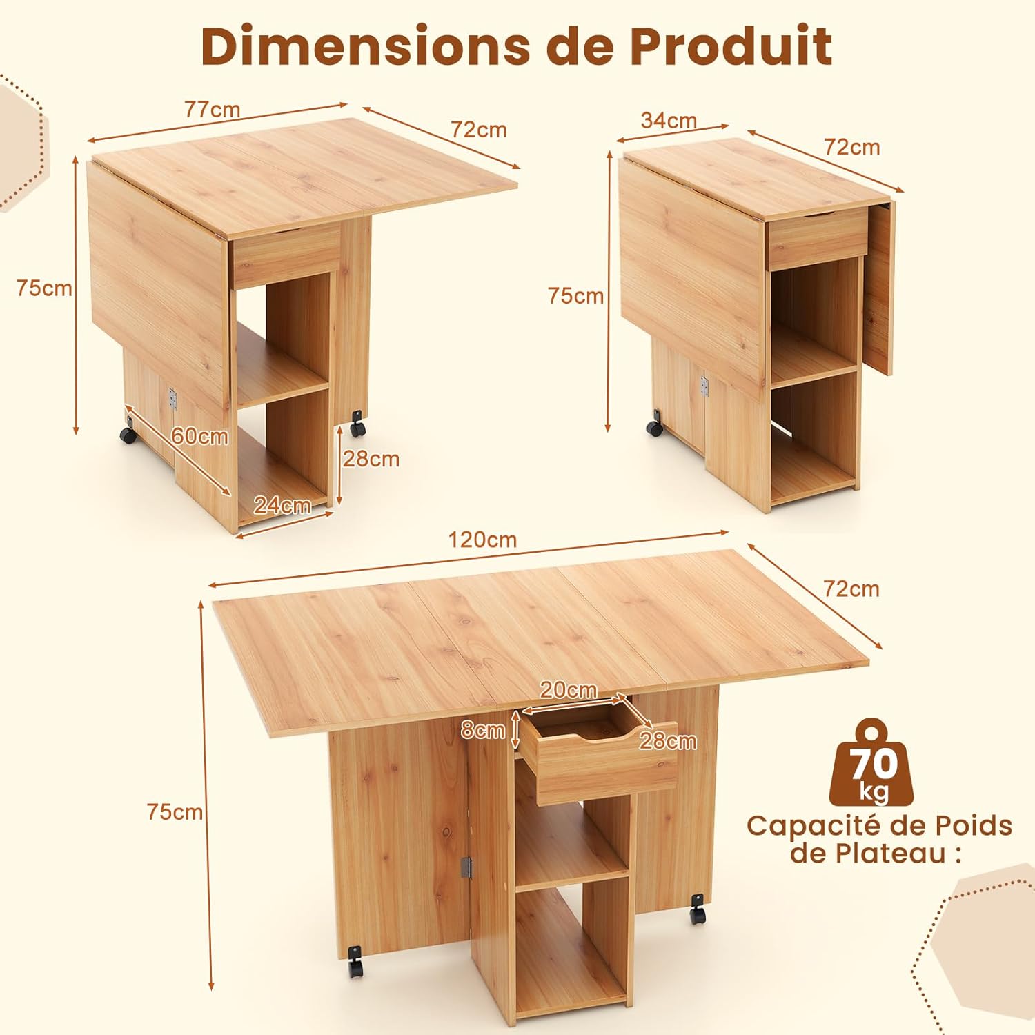 Mesa dobrável para cozinha, mesa dobrável interna com 1 gaveta e 2 prateleiras, mesa extensível para 4 pessoas, 34-120 x 72 x 75 cm (natural) - 3