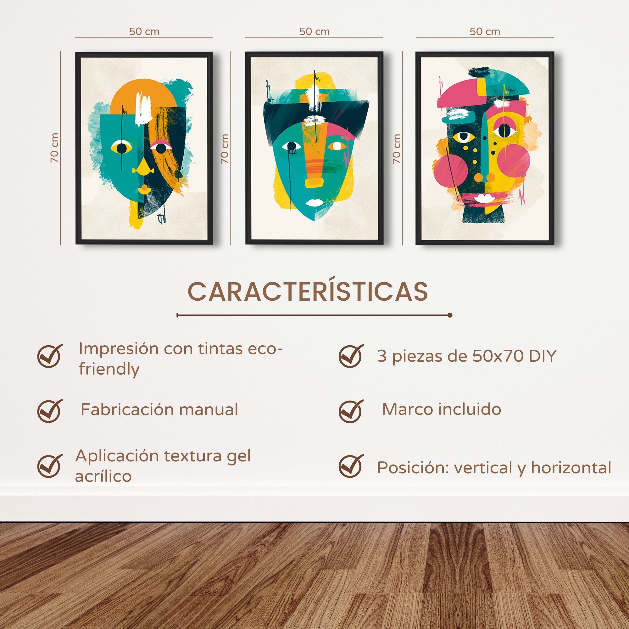 DekoArte - Cuadros decoracion salon modernos CARAS PICASSO 50x70 cm x3 piezas - Cuadros con marco negro incluido - 7