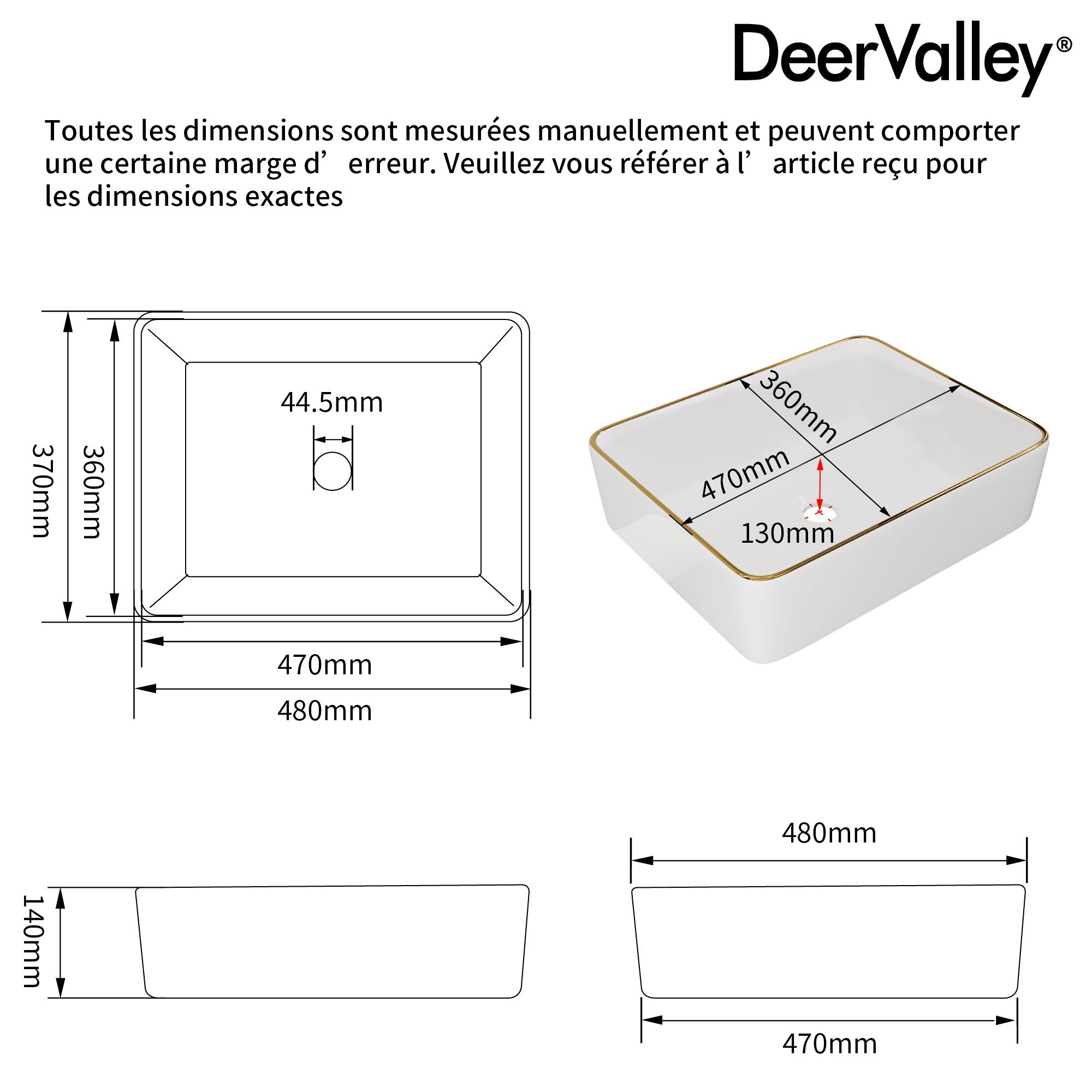 Vasque à poser rectangulaire en céramique Blanc avec des bords dorés 48 x 37 x 14cm – Pour salle de bain – DeerValley - 2