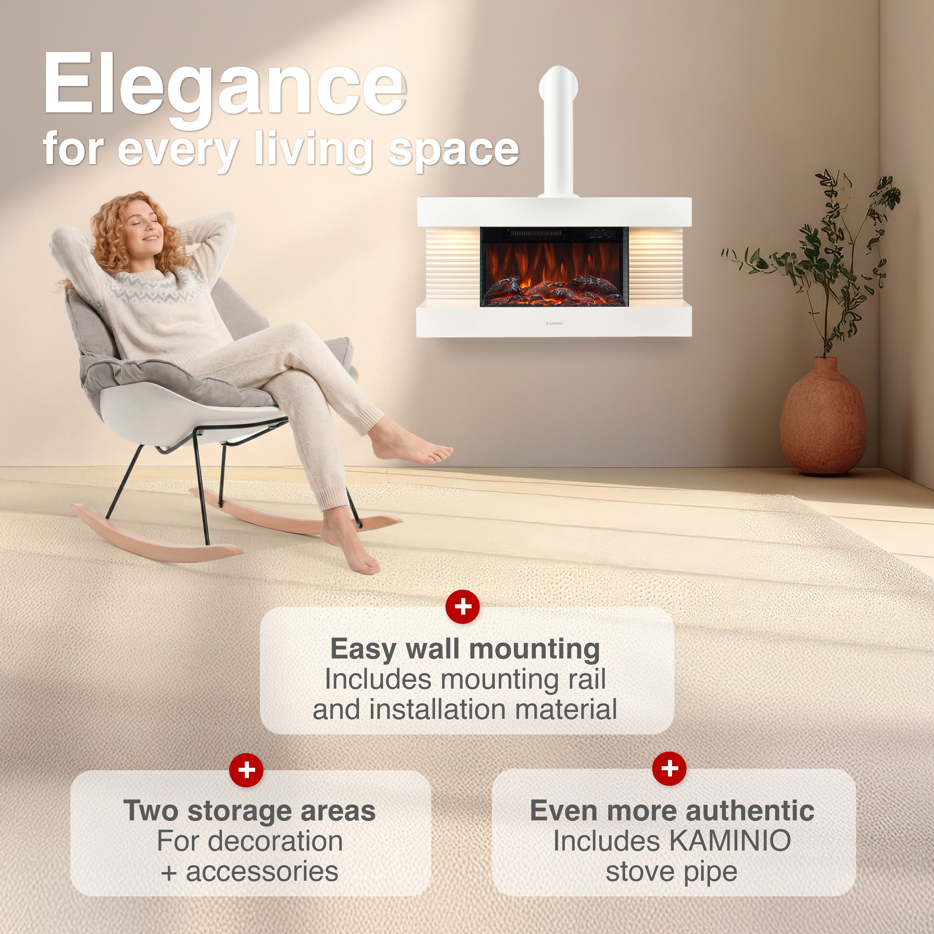 KAMINIO Chimenea eléctrica LIZ con tubo de chimenea - Chimenea de pared con calefacción, llama 3D, luz ambiental, control remoto - Blanco - 2