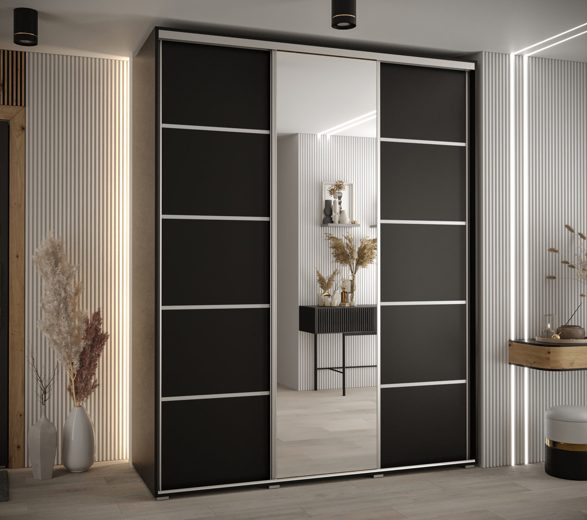 Szafa przesuwna z lustrem wysoka Davos 5 190 x 60 x 235,2 cm czarny + czarny + u. srebrny - Abiks Meble - 2