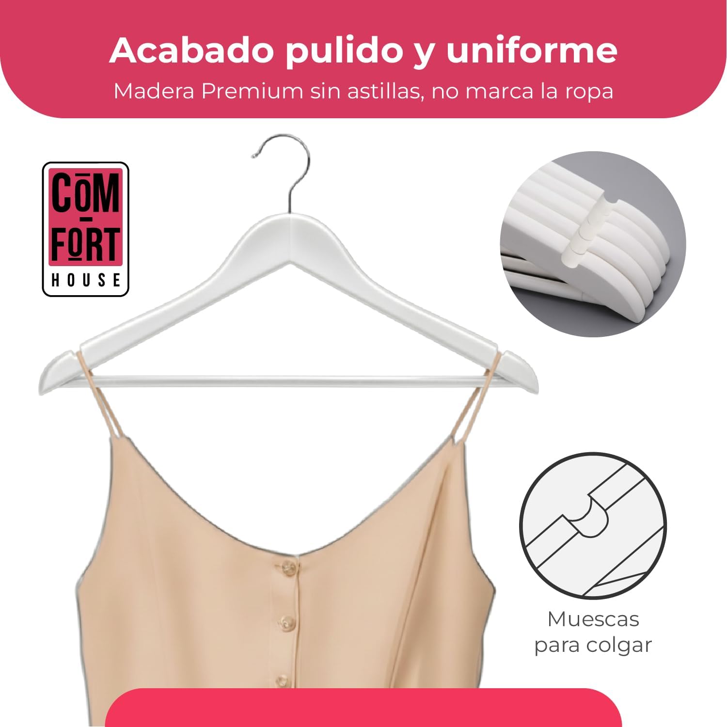 Lot de 40 Cintres en Bois Massif Blanc avec Crochet Pivotant à 360° et Encoches Antidérapante - 3