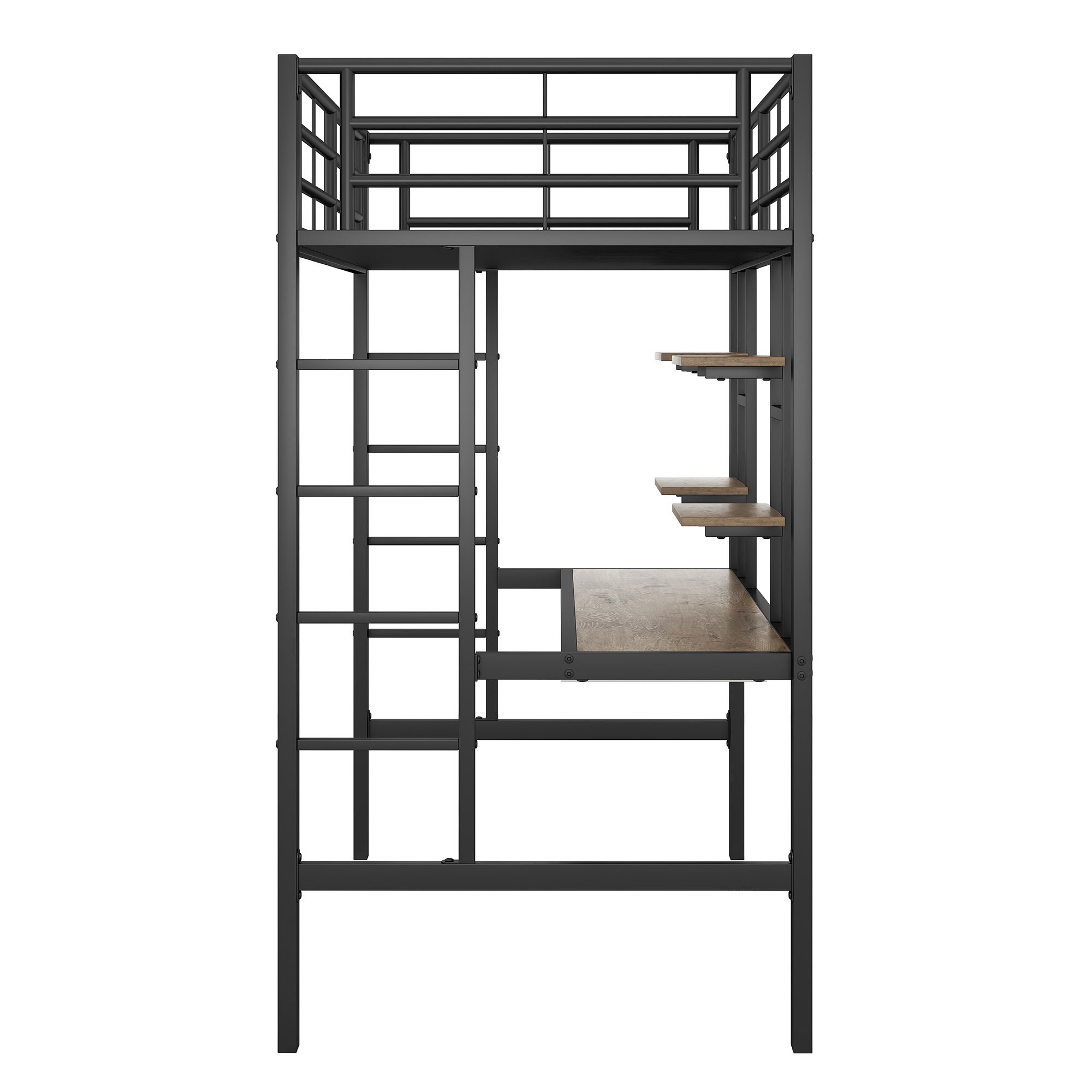 Łóżko piętrowe 90x200cm - z biurkiem i półkami - metalowa rama - czarne - 6