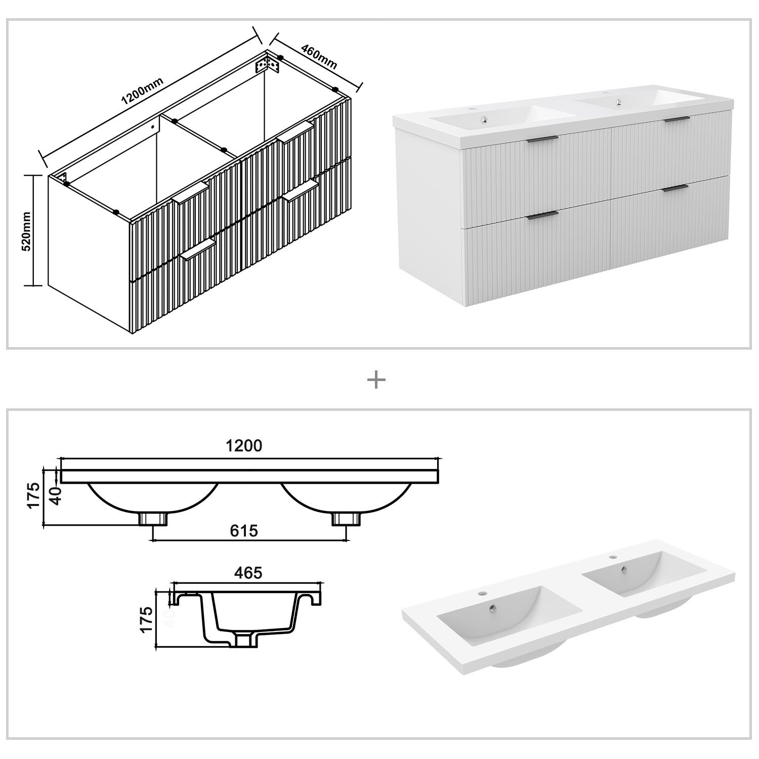 AICA Meuble de salle de bain mural Blanc 120 cm - 4 tiroirs, lavabo inclus - 3