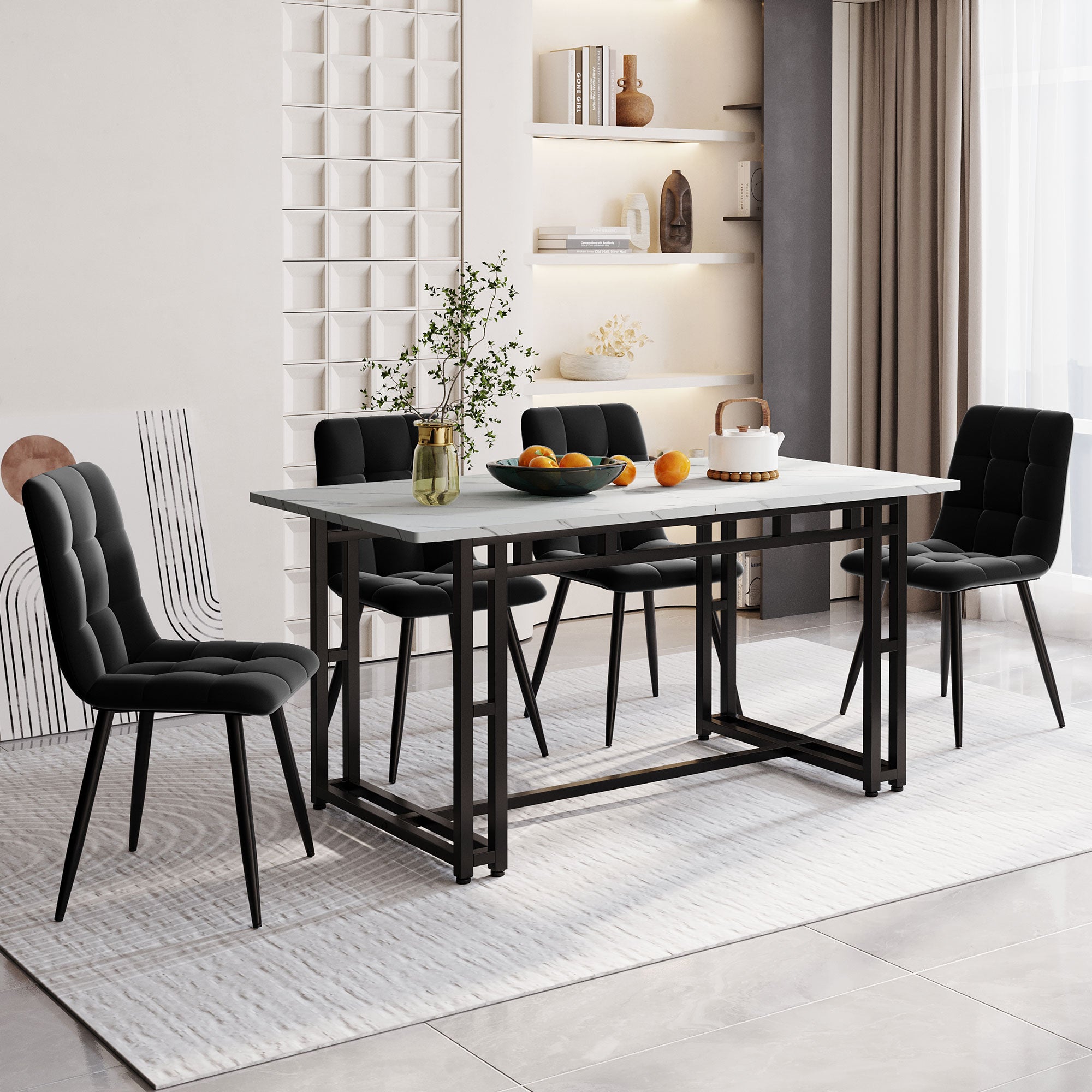 Table à Manger Avec 4 Chaises - Plateau Hêtre, Cadre Métal Noir, Dimensions 109x48x75 Cm, Pour Cuisine Ou Salle à Manger
