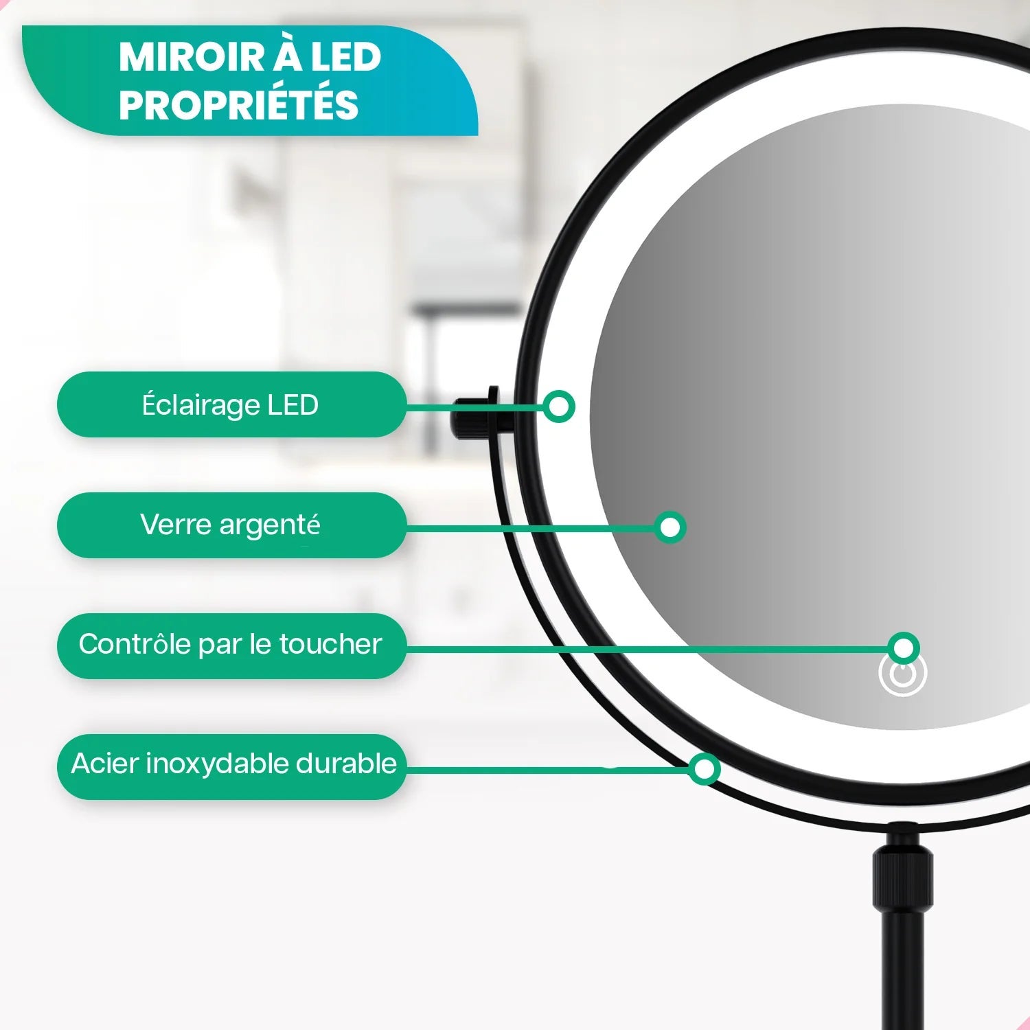 Mirlux Miroir de maquillage avec éclairage LED - Grossissement x10 - Hauteur réglable - 3 intensités lumineuses - Rechargeable - Noir - 4