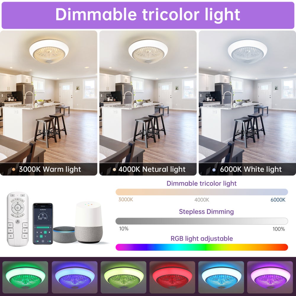 Ventilateur Plafond 38cm RGB LED Silencieux ABS Transparent App Commandes Minuterie Dimmable - 5