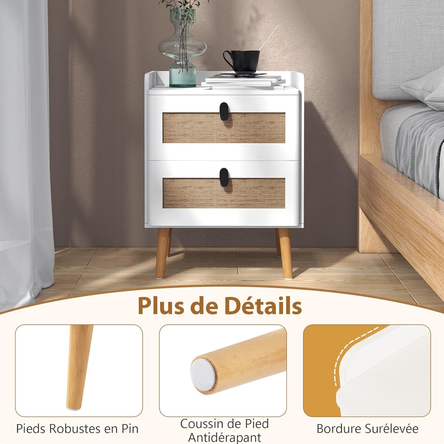 Comodino in Legno, Comodino Moderno con 2 Cassetti, con Gambe in Legno Massello, per Soggiorno, Camera da Letto, Bianco, 45 x 40 x 57 cm - 2