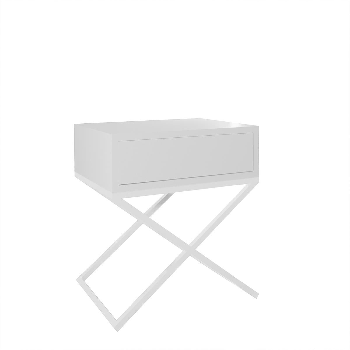 Biała szafka nocna XARA – Stolik nocny Total White z szufladą, stelaż X 45x50 cm