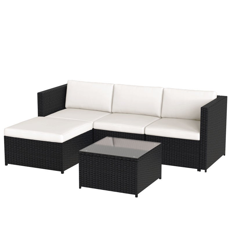 Salon de Jardin Exterieur en Rotin, Table de Jardin Exterieur avec Chaise, Canapé de Salon d'angle 4 Places avec Coussins et Table en Verre, Noir - 9