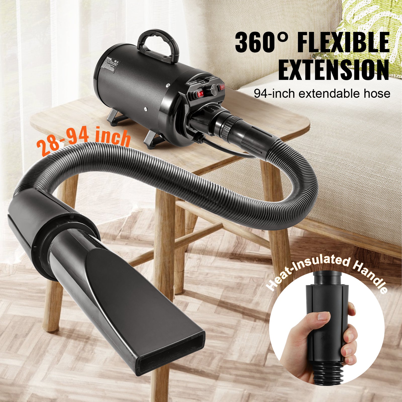 Secador de tosa para cachorro 2000W,SucceBuy secador de tosa 2,7 CV com velocidade e temperatura ajustáveis,4 bicos,mangueira expansível,preto - 7