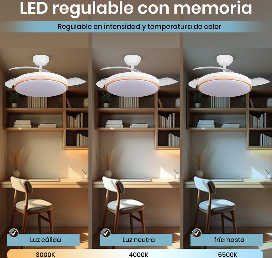 Ventilador de techo con luz LED regulable 60 W 107 cm, aspas retráctiles motor DC silencioso 6 velocidades, mando y memoria, Blanco - 2